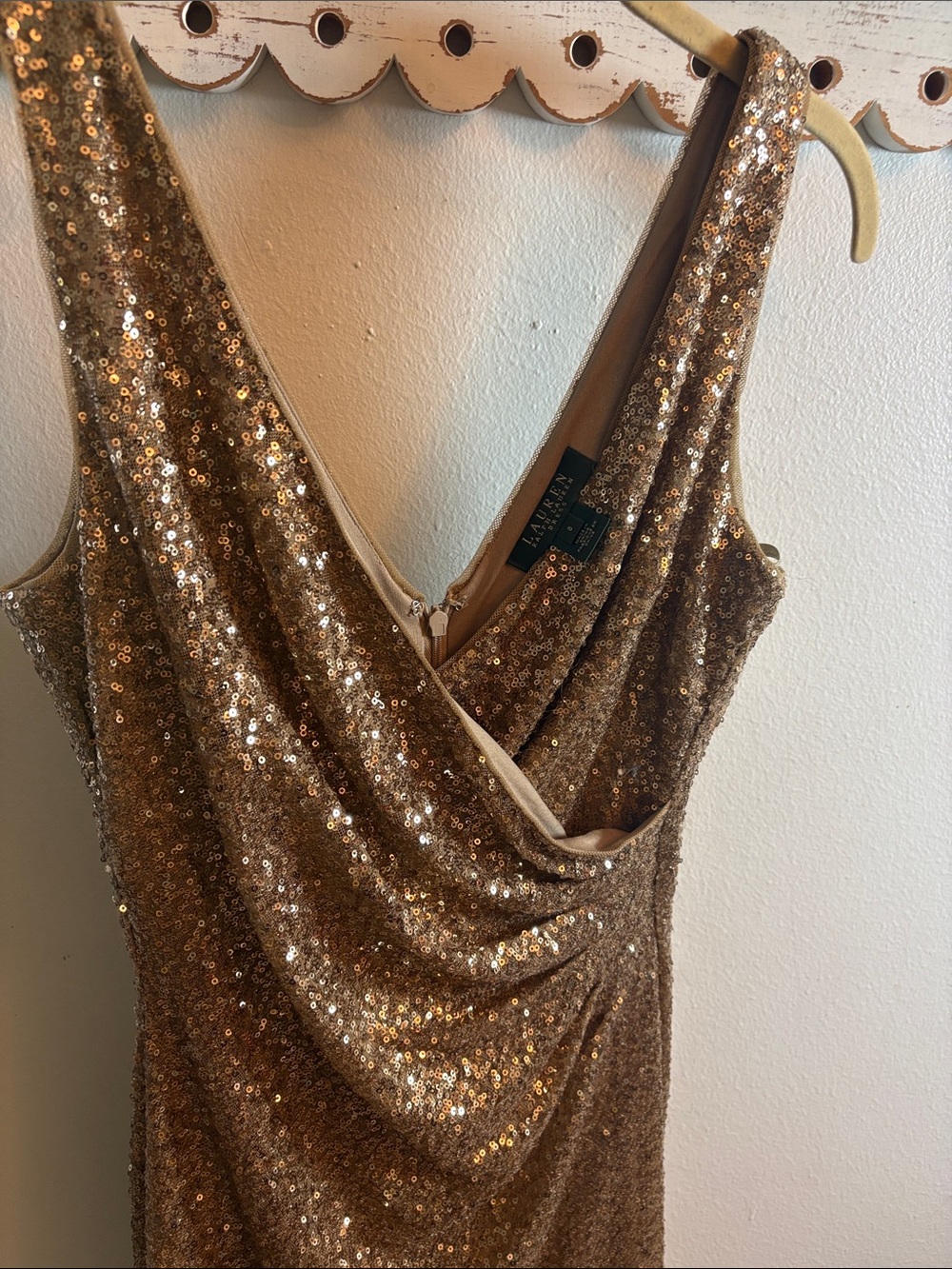 Lauren Ralph Lauren Gold Sequin Draped V-Neck Cocktail Dress